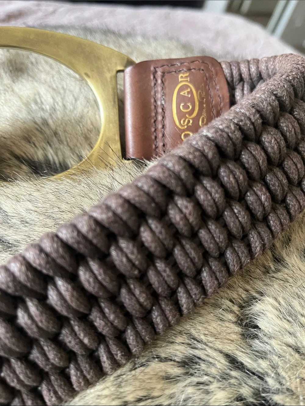 Oscar de la Renta Brown Woven Leather Belt with Brass Oval Buckle EUC